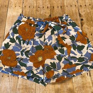 FRNCH High Waist Orange and Blue Floral Shorts Cotton & Linen Blend Size L